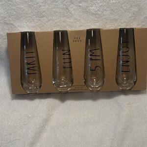 Rae Dunn Stemless CLEAR Flute Set. PARTY, FUN, 5PM, ENJOY